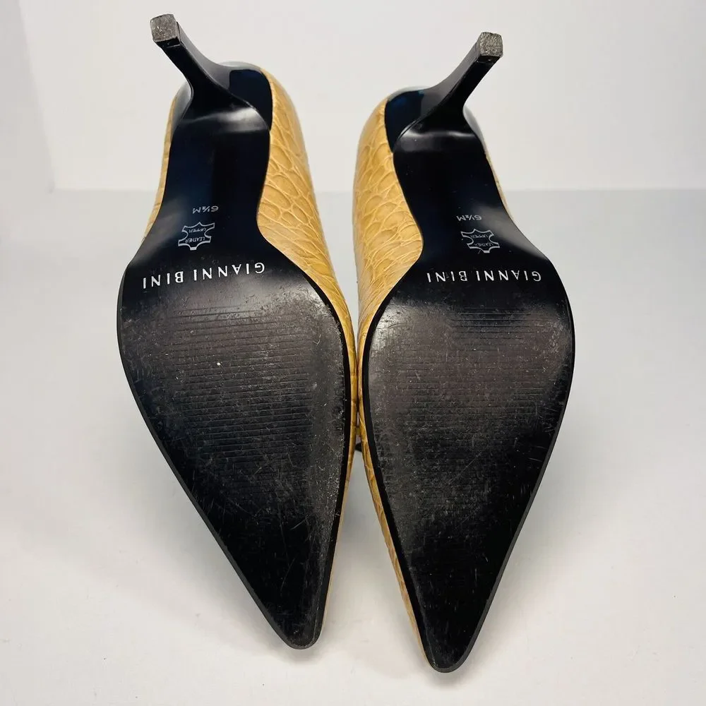 GIANNI BINI Tan Camel Yellow Crocodile Croc Alligator Leather Kitten Heels 6.5 M
